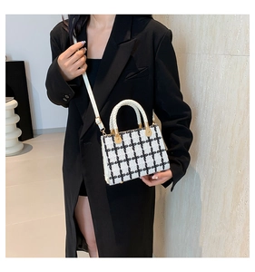 Model wearing a black and white tweed crossbody square bag with gold hardware and top handle