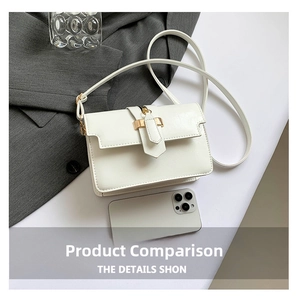 White leather crossbody bag next to a smartphone showing its compact square size