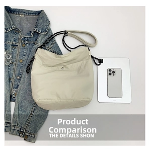 Flat lay of beige tote bag next to tablet and phone showing large capacity and rope strap
