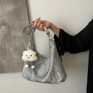 Silver metallic pleated tote bag with chain strap and cute white cloud pendant decoration