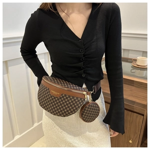 Brown retro textured waist bag with a small round pouch and wide fabric shoulder strap