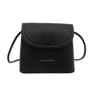 Minimalist black faux leather crossbody bucket bag with flap closure and round buckle