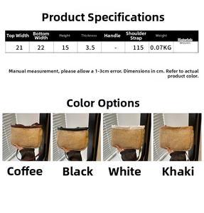 Size chart and color selection for this woven crossbody bag with detailed dimensions