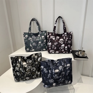 Gothic Skull Floral Print Women Shoulder Tote Bag Large Capacity Casual Travel Handbag PU Leather Retro Street Style