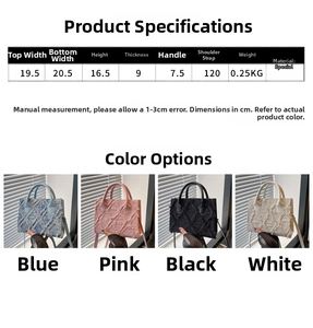 Size guide for denim fringe handbag showing detailed measurements and color options