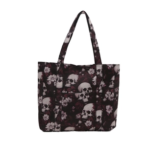 Gothic tote bag with white skull and purple floral print on black background
