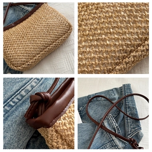 Detailed views of straw shoulder bag texture with dark brown knotted strap accents