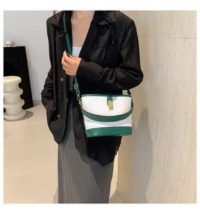 Detail of a two-tone woven bucket bag with green leather trim and golden metal clasp