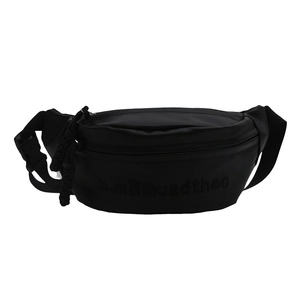 Minimalist black crossbody dumpling bag with embossed letters and adjustable strap