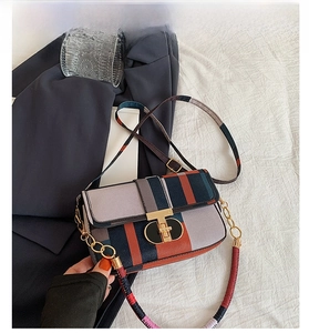 Détail du sac à bandoulière rayé bicolore avec fermoir en T doré et sangle tissée