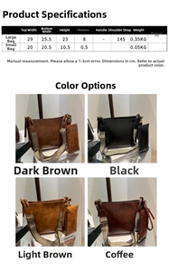 Detailed chart showing PU leather tote bag sizes and four vintage color options