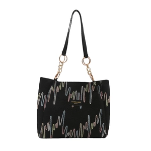 Grand sac cabas noir avec broderie ondulée colorée et poignées en cuir chic