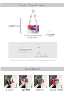 Detailed size chart and specifications for the geometric puzzle pattern chain handbag