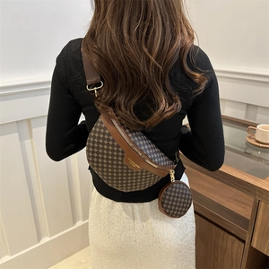 Retro monogram waist bag set with crescent chest pack and small round coin purse in brown