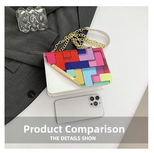 Detail view of colorful geometric flap shoulder bag with gold chain and phone for scale