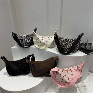 Women Corduroy Strawberry Embroidery Hobo Bag Fashion Leopard Print Underarm Shoulder Bag With Adjustable Strap Handbag