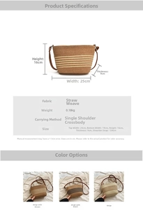 Detailed specifications and multi-color options of the woven straw crossbody bag