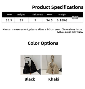Size chart showing large shoulder bag dimensions 35.5x35x9cm with pleated texture details