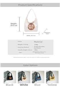 Canvas tote bag size guide showing 29.5cm dimensions and logo detail on material