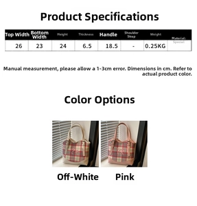 Tableau des tailles pour sac cabas à carreaux indiquant dimensions et poids en beige et rose