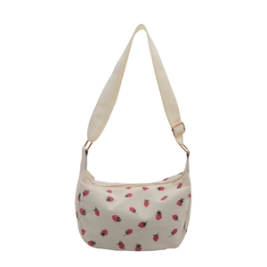 Chic beige corduroy underarm bag with red strawberry print and adjustable strap