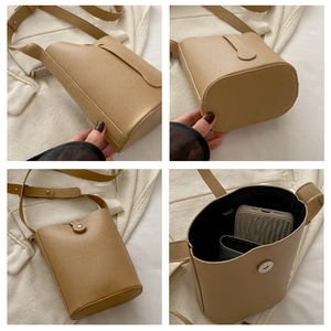 Detailed views of beige litchi pattern bucket bag with strap and magnetic closure