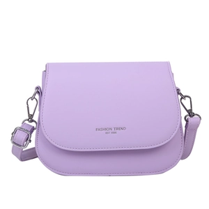 Minimalist lavender saddle crossbody bag with fashion trend engraving on white background
