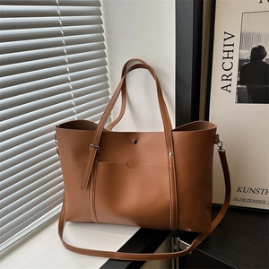Brown faux leather tote bag with large capacity and detachable strap for women