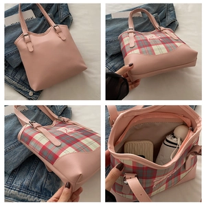 Détails du cabas à carreaux rose avec logo équestre et intérieur spacieux