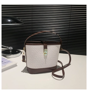 Detail of two-tone bucket bag featuring woven texture and golden twist-lock closure