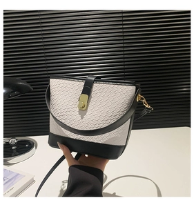 Detail of white crocodile pattern bucket bag with black trim and gold twist-lock