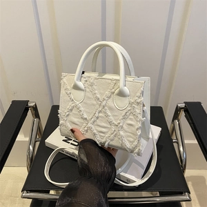 White tweed tote bag with fringe rhombic pattern and top handle for women