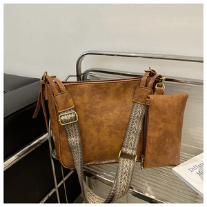 Brown vintage hobo bag set with jacquard strap and small detachable pouch detail