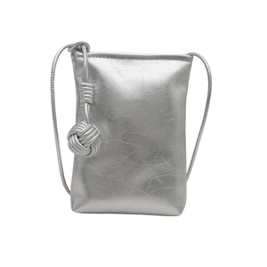 Minimalist silver metallic crossbody phone bag with gathered texture and knot detail
