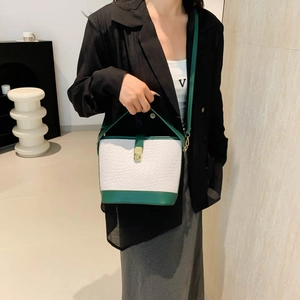 Women's 2024 trendy bucket bag in green and white crocodile pattern with gold hardware