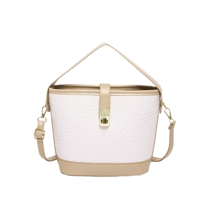 Chic woven bucket bag with white texture, khaki leather trim and gold twist lock