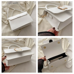 Vue multi-angle d'un sac bandoulière blanc avec boucle dorée et détails de l'intérieur