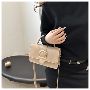 Vue détaillée du petit sac carré beige avec boucle fer à cheval dorée et poignée haute