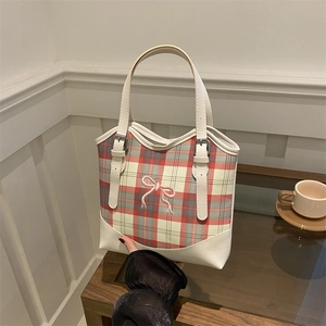 Sac Fourre-tout À Carreaux Pour Femmes Broderie Nœud Doux Sac À Épaule Avec Sangle Réglable Sac À Main Rétro