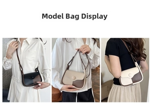 Retro color-block crossbody bag on model showing size and adjustable shoulder strap