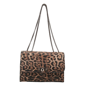 Leopard print crossbody bag with gold pyramid studs and metal chain shoulder strap