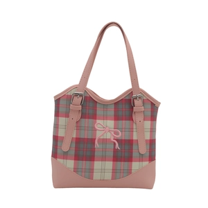 Cabas à carreaux rose et rouge avec broderie nœud et bandoulières en cuir souple