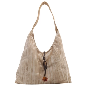 Beige pleated tote bag with bamboo leaf aesthetic and amber-like pendant detail