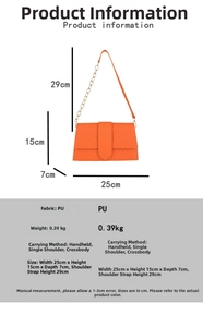 Orange PU leather crossbody bag dimensions 25x15x7cm with chain strap and triangle pattern