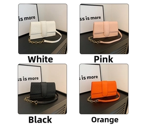 Detailed grid view of modern square handbags in white, pink, black, and orange colors