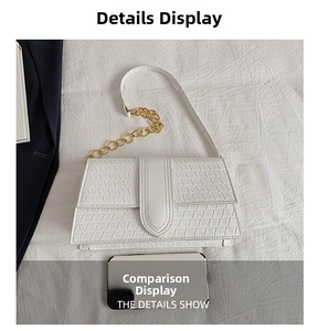 White geometric textured crossbody bag with chain strap and phone size reference