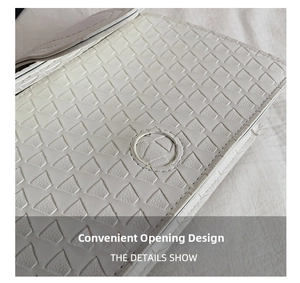 Macro shot of white leather texture with geometric triangular pattern and flap opening