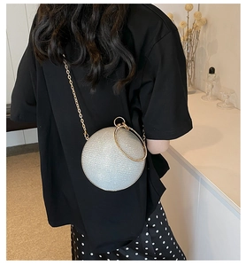 Silver glitter sphere evening bag with gold ring handle worn by a model in black top
