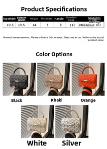 Detailed size chart for the quilted PU leather crossbody bag with dimensions and weight