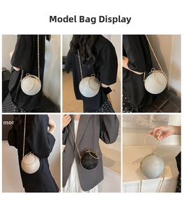 Spherical glitter evening bag shown in multiple wear styles with ring handle and gold chain